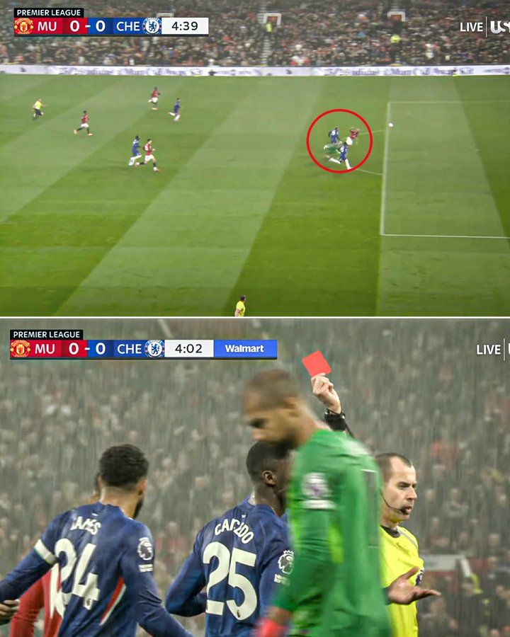 الإسبانى روبرت سانشيز حارس تشيلسى يتلقى البطاقة الحمراء بعد مرور أربع دقائق من مباراة يونايتد