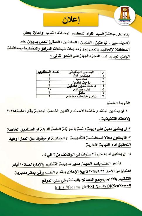 وظائف الوادى الجديد وظائف الوادى الجديد