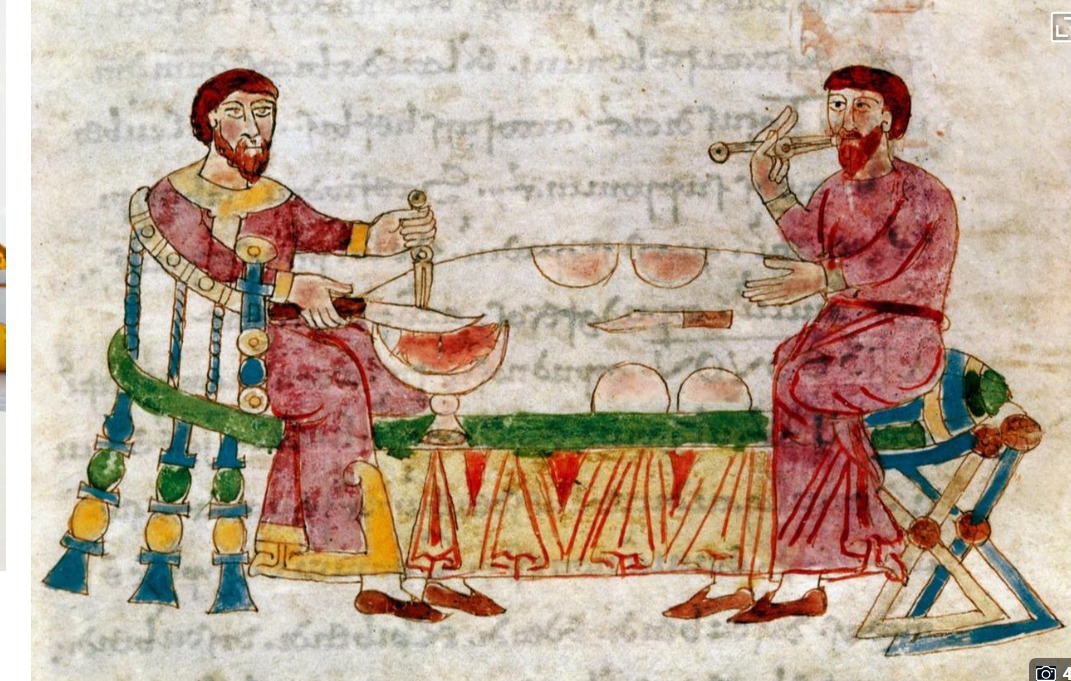 رسم توضيحى لتناول الطعام بالشوكة فى البلاط البيزنطى رسم توضيحى لتناول الطعام بالشوكة فى البلاط البيزنطى