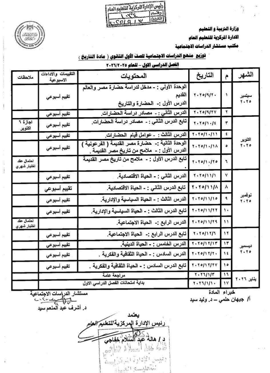 توزيع منهج التاريخ والجغرافيا للصفين الأول والثانى الثانوى للعام الدراسي