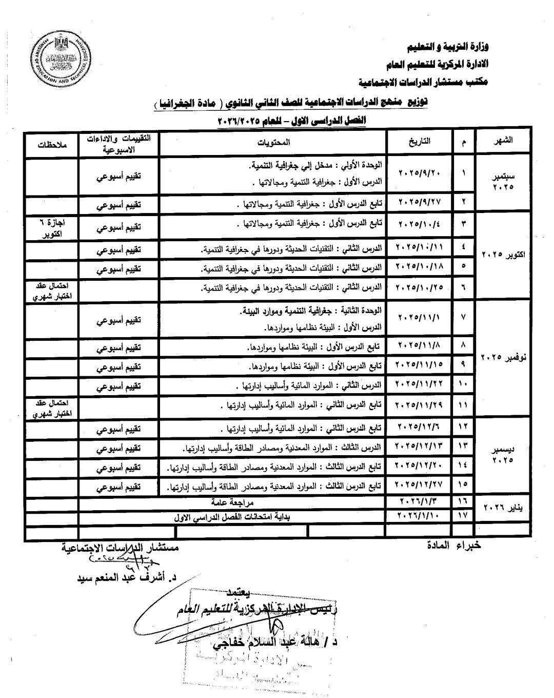 توزيع منهج التاريخ والجغرافيا للصفين الأول والثانى الثانوى