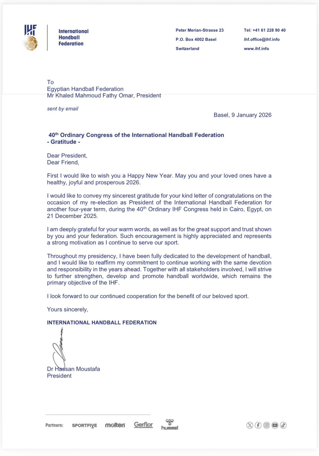 تهنئة الاتحاد الدولي لليد