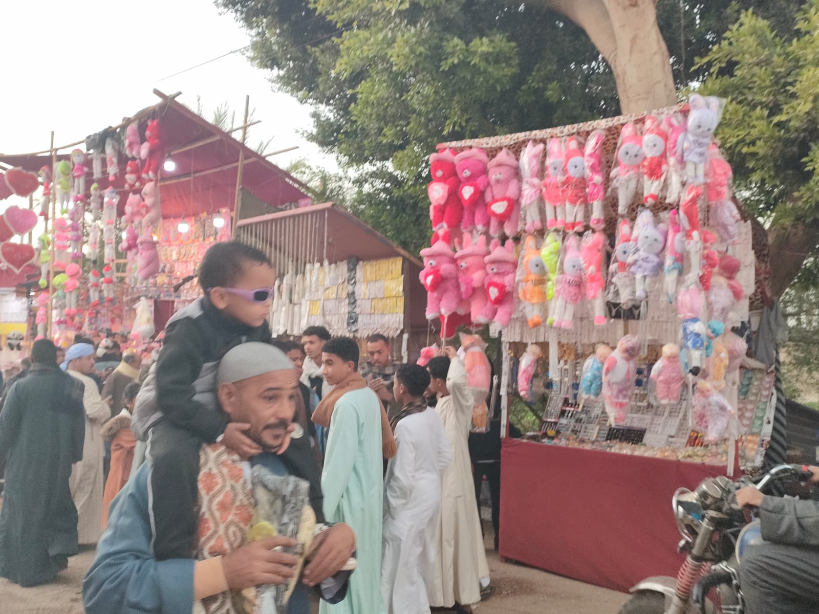 سعادة طفل على كتف والدة فى احتفالات المولد بقرى الأقصر