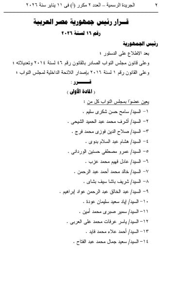 قائمة المعينين بمجلس النواب بقرار جمهورى.. الأسماء كاملة (2)