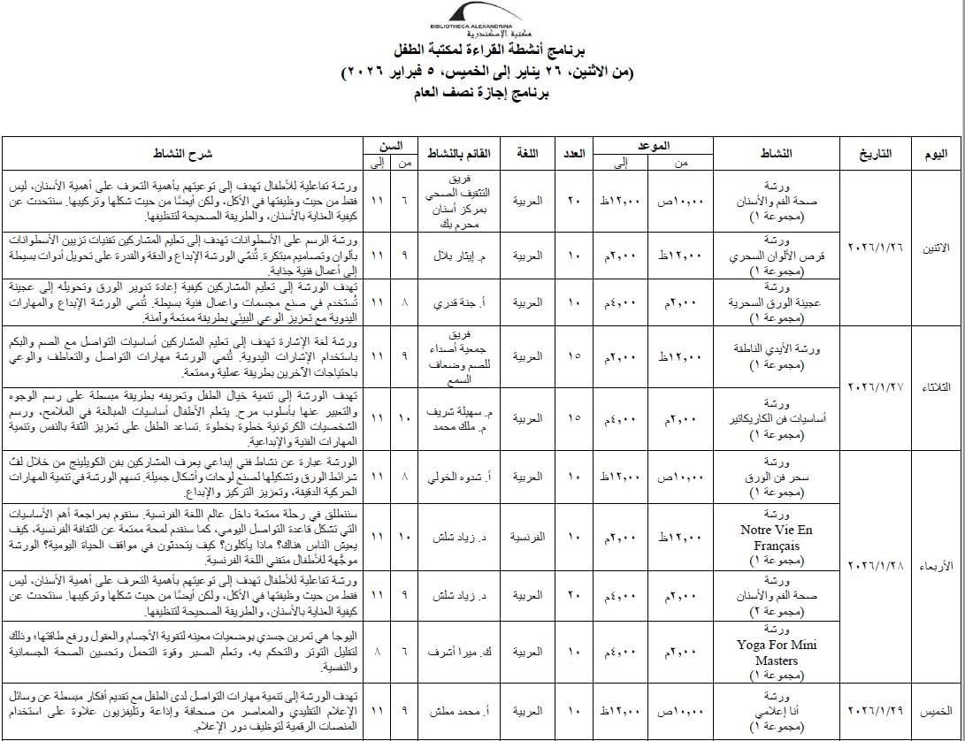 جدول برنامج الأنشطة لإجازة نصف العام بمكتبة الإسكندرية (1)