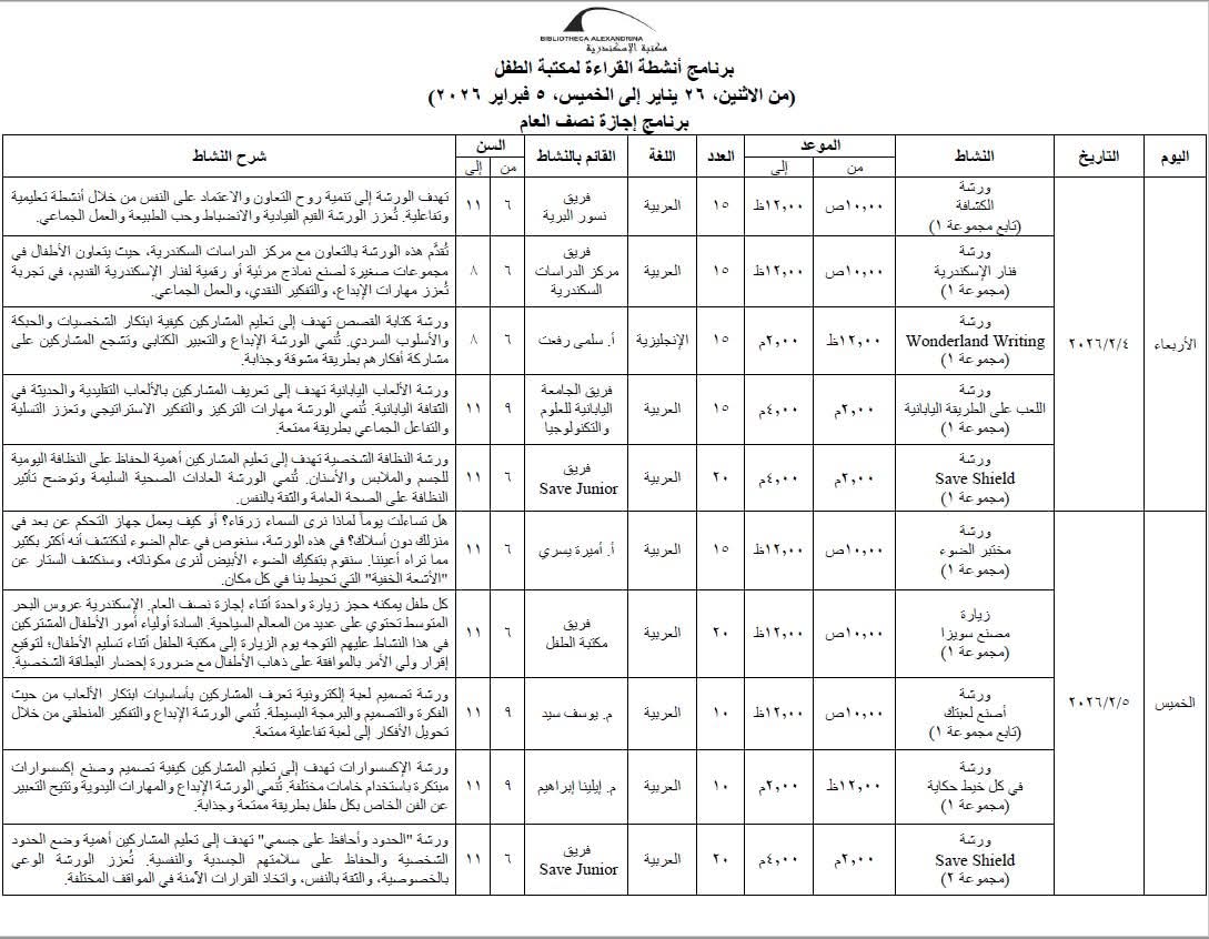 جدول برنامج الأنشطة لإجازة نصف العام بمكتبة الإسكندرية (3)