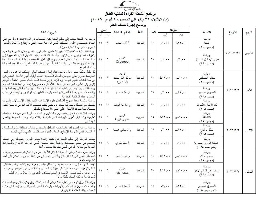 جدول برنامج الأنشطة لإجازة نصف العام بمكتبة الإسكندرية (2)