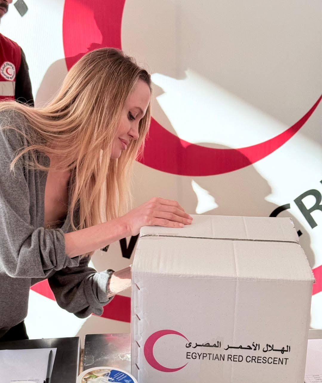 النجمة أنجلينا جولي تشارك تعبئة المساعدات المصرية المخصصة لقطاع غزة