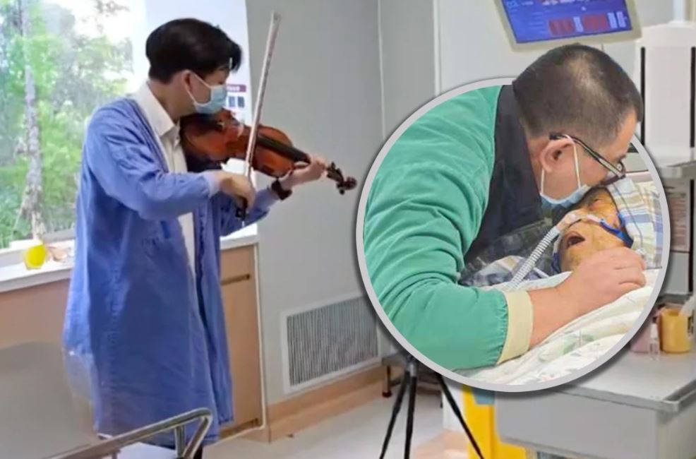 ابن صيني يدعو عازف كمان للعزف لأمه المريضة بمرض عضال في المستشفى ليمنحها القوة