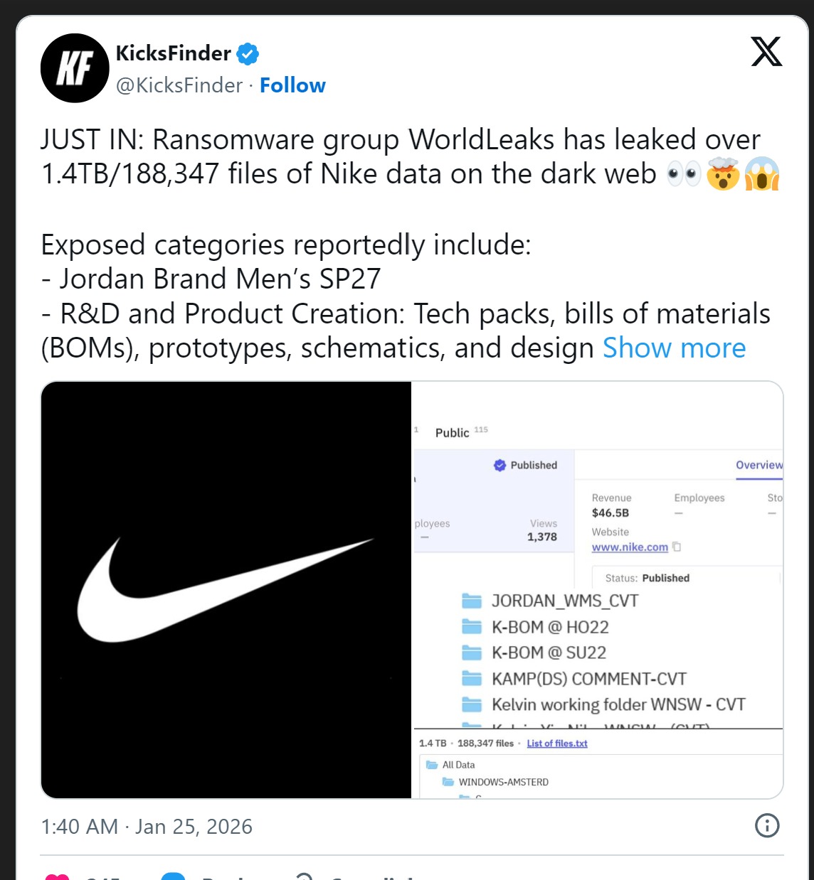 تفاصيل اختراق Nike وتسريب 1.4 تيرابايت من البيانات الحساسة والمخططات السرية