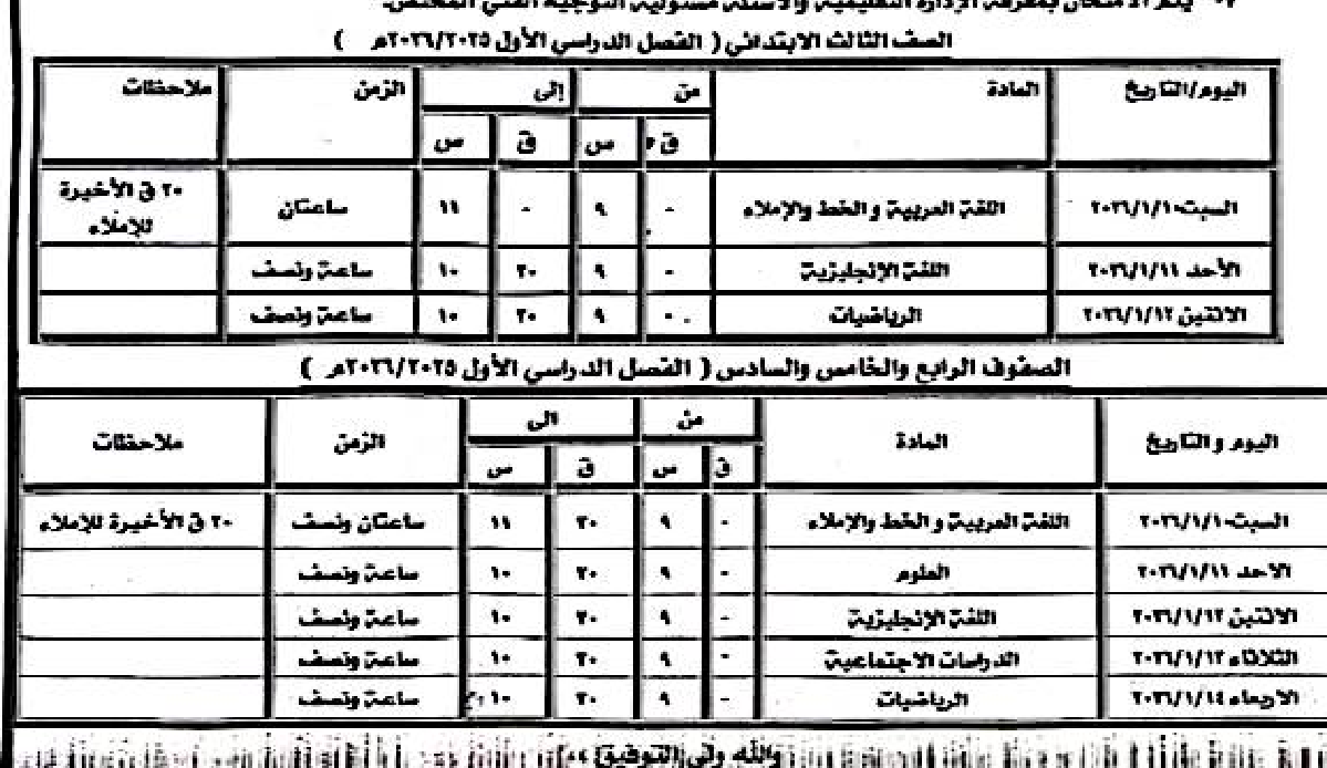 جدول الإمتحان للمرحلة الإبتدائية من الثالث للسادس الإبتدائي
