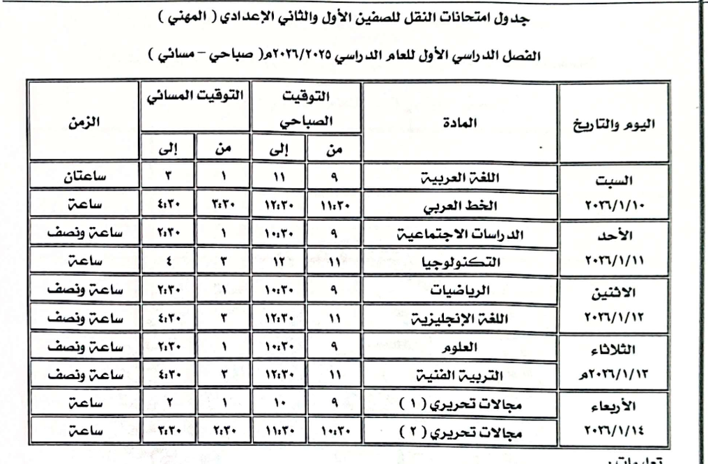 جدول امتحان الصف الأول والثاني الإعدادي المهني