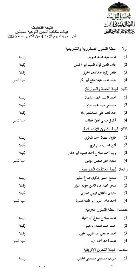 تشكيل هيئات مكاتب اللجان النوعية للنواب  (1)