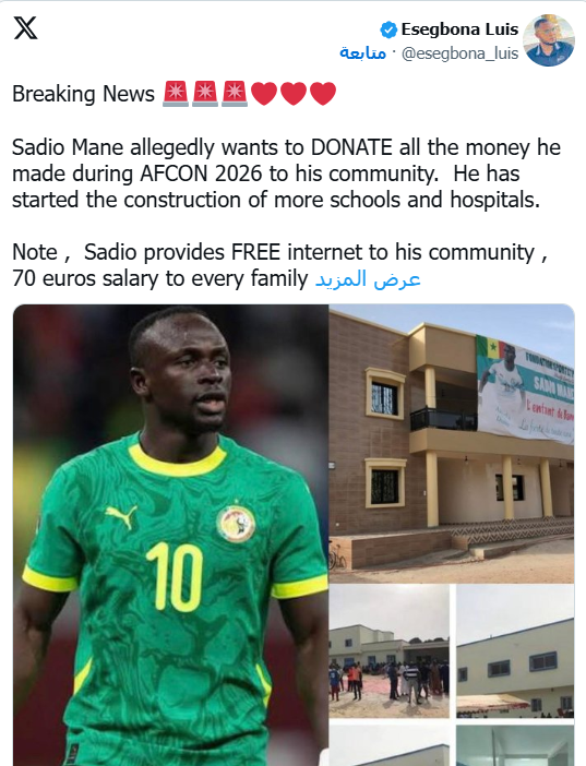 أنباء عن تبرع ساديو ماني