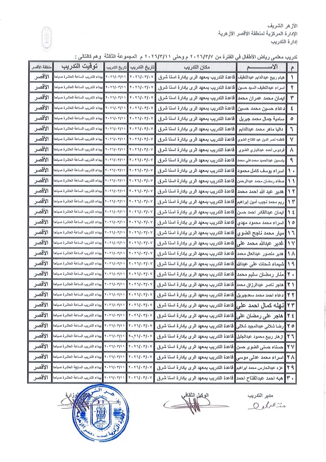 الأقصر الأزهرية تعلن موعد تدريب معلمات رياض الأطفال وأماكن انعقاده وجدوله الزمني الأقصر الأزهرية تعلن موعد تدريب معلمات رياض الأطفال وأماكن انعقاده وجدوله الزمني