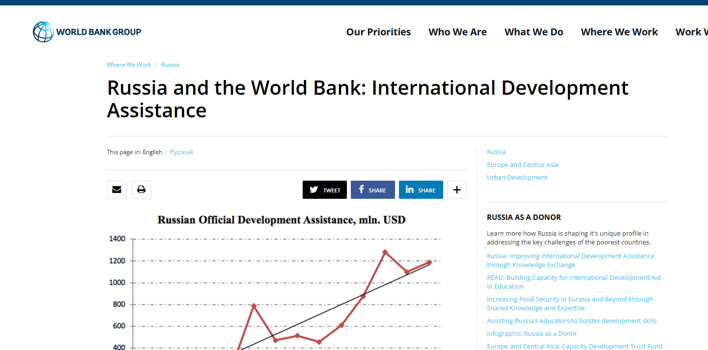 تقرير على موقع البنك الدولى حول دور روسيا الإنمائي حول العالم