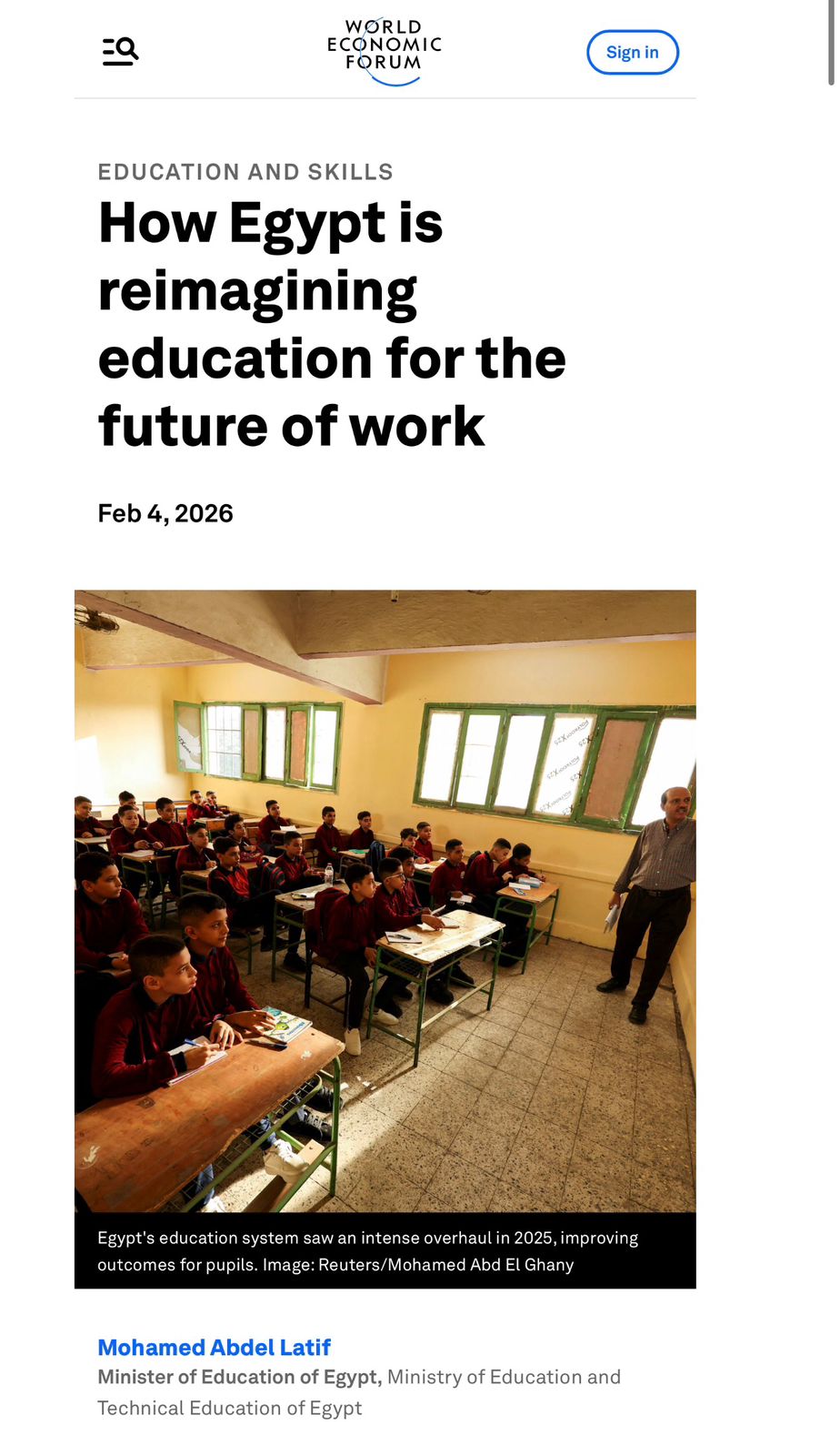 المنتدى الاقتصادي العالمي يبرز إنجازات نظام التعليم في مصر
