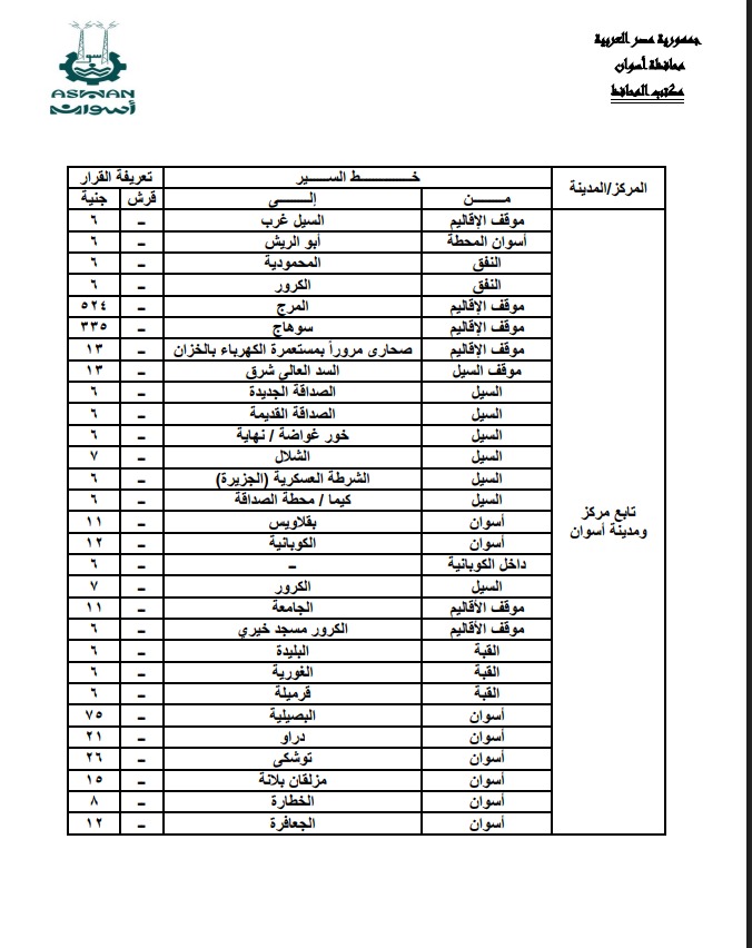 تعريفة الركوب الجديدة فى أسوان (1)