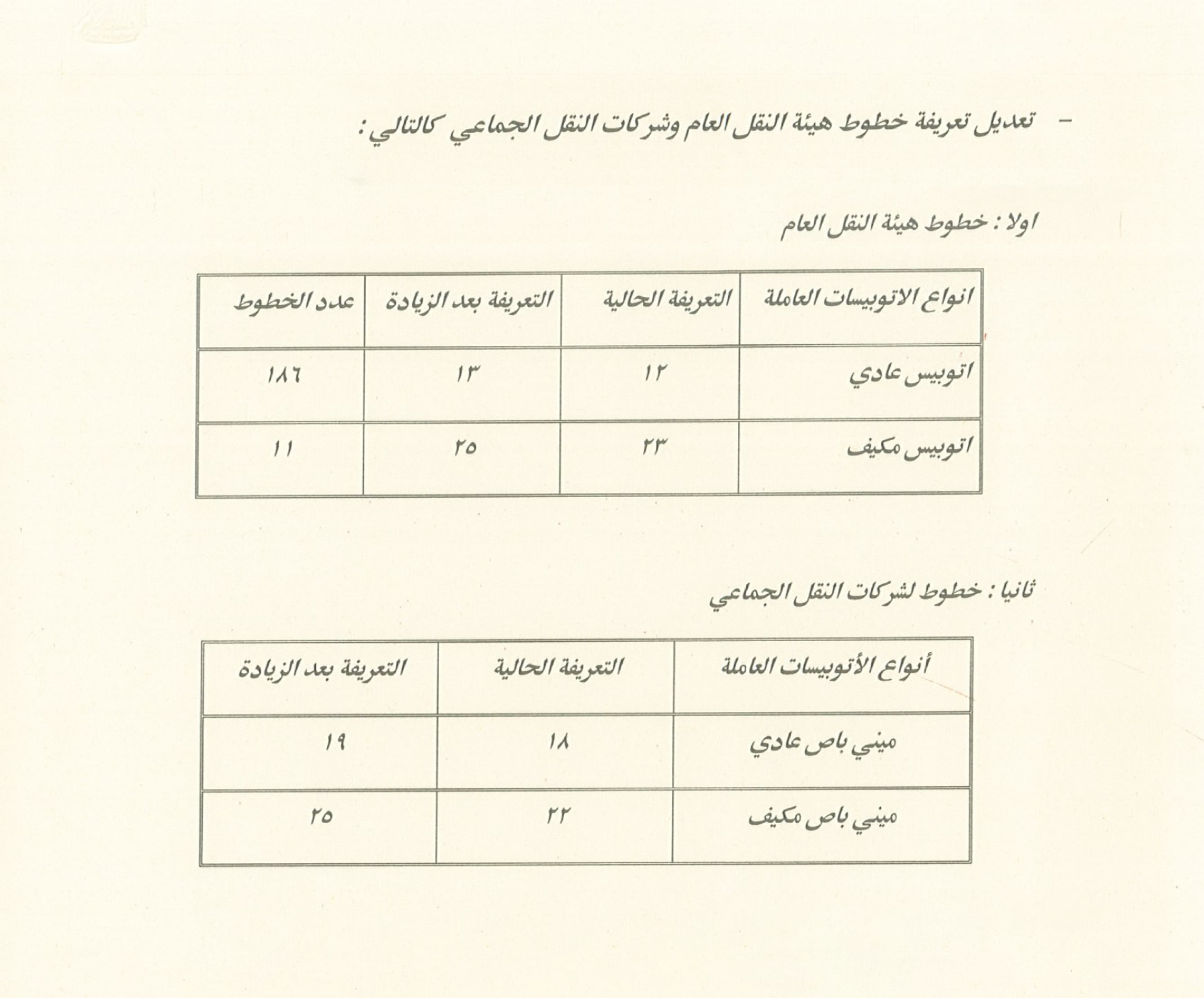 تعريفة اتوبيسات النقل العام