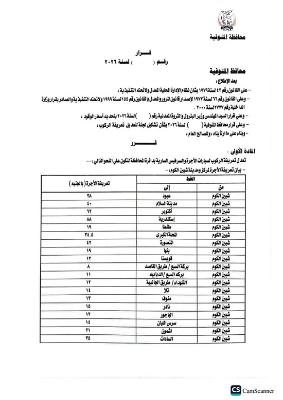 تعريفة الركوب الجديدة بالمنوفية (1)