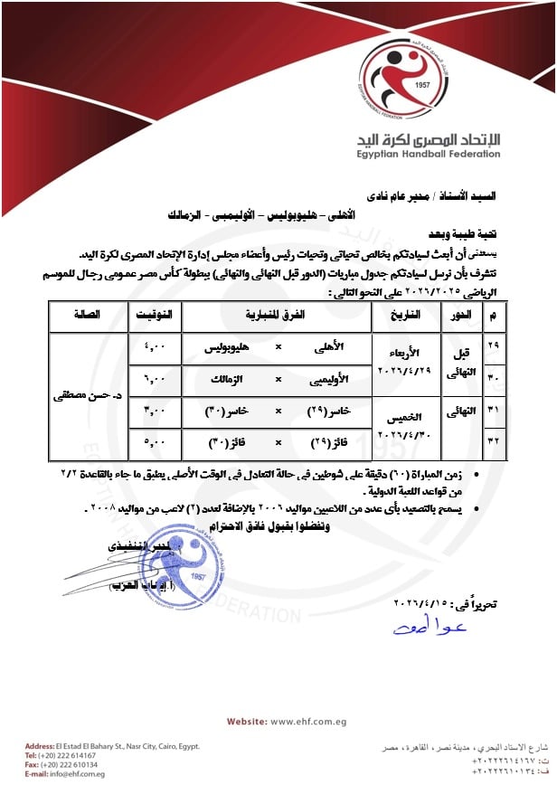 جدول  نهائيات  كأس مصر لكرة اليد