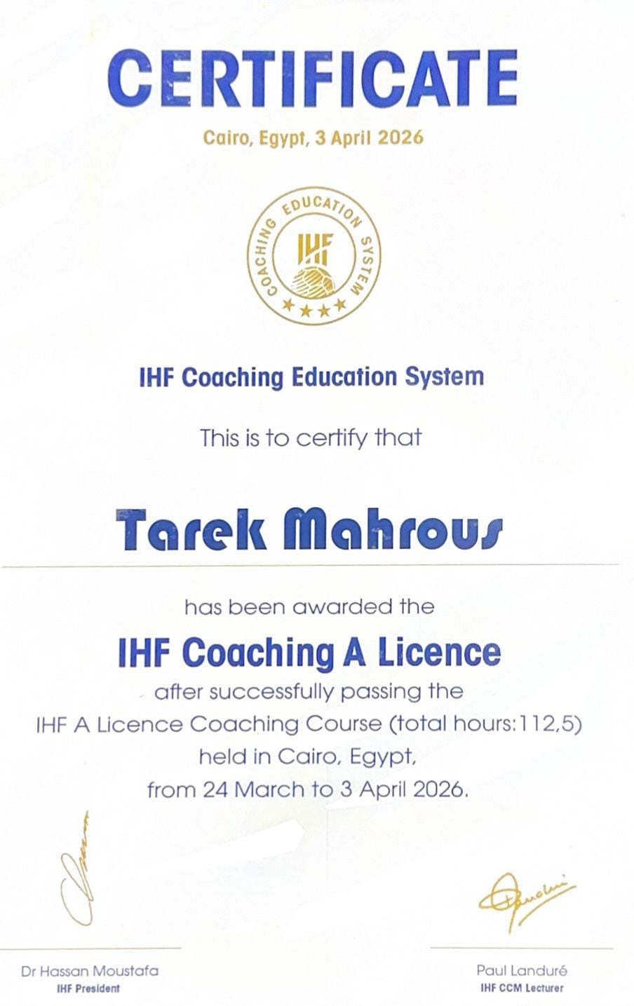 طارق محروس يحصل على الرخصة التدريبية الدولية (A)