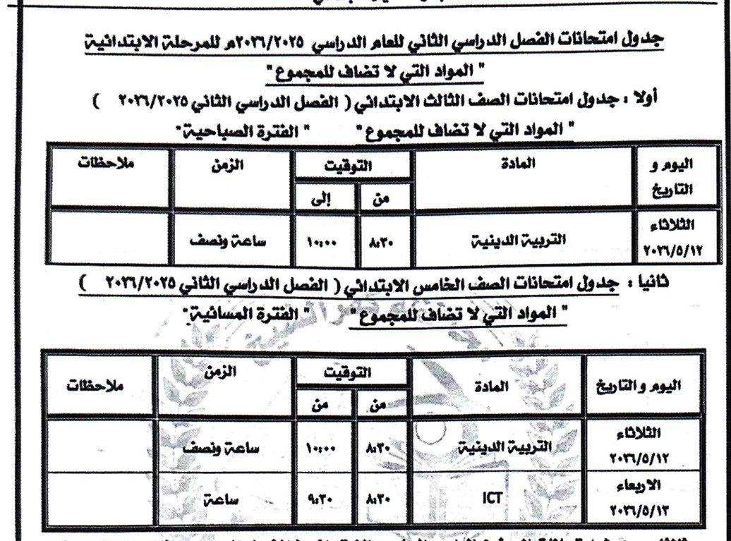 جدول امتحان المواد الغير مضافة للمجموع للصف الثالث والخامس الابتدائي