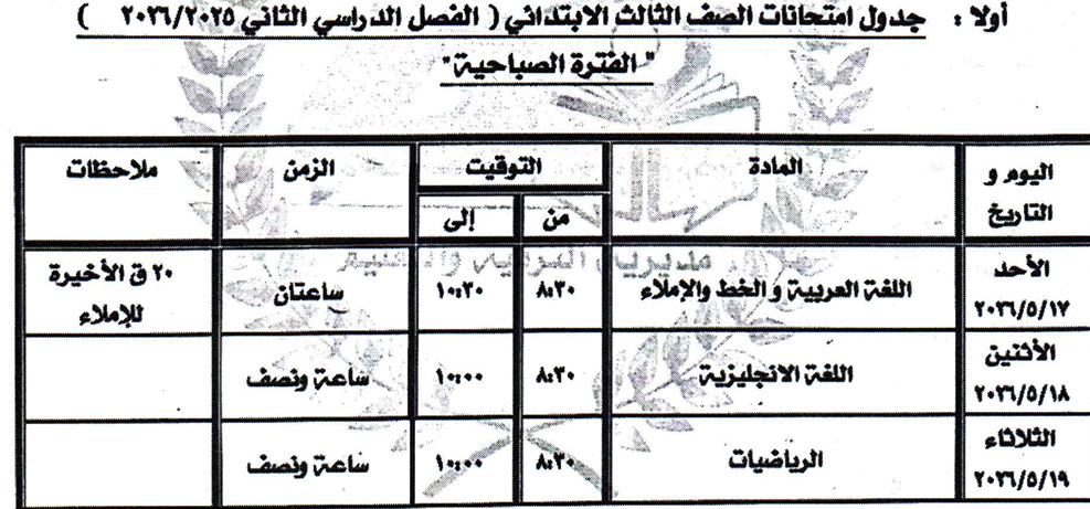 جدول امتحان الصف الثالث الإبتدائي بكفر الشيخ