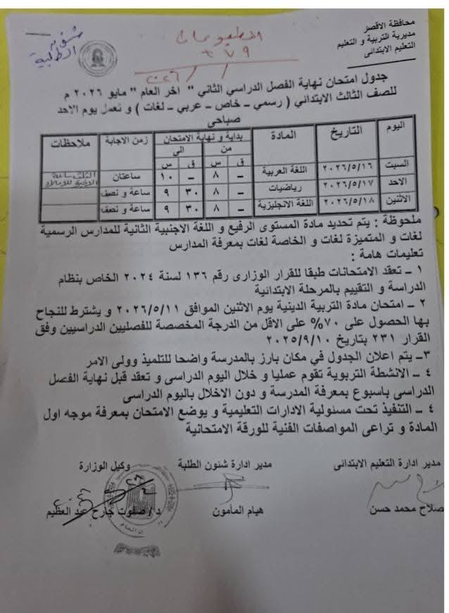 جدول امتحانات الصف الثالث الإبتدائي