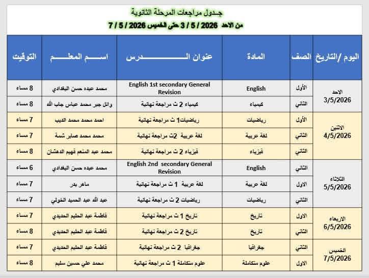 جداول مراجعات المرحلة الثانوية بدمياط