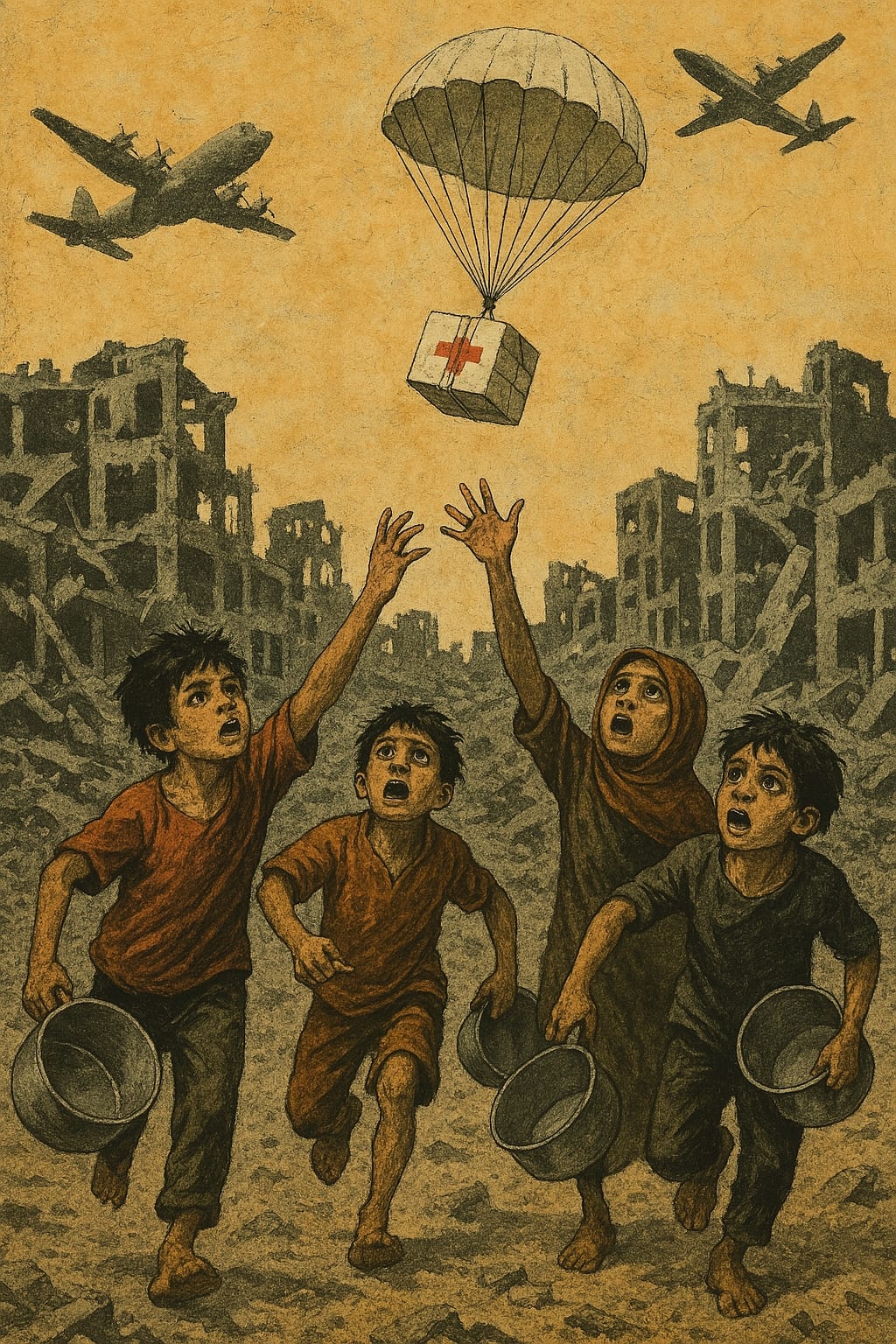 لوحة عن المساعدات لغزة لميساء يوسف