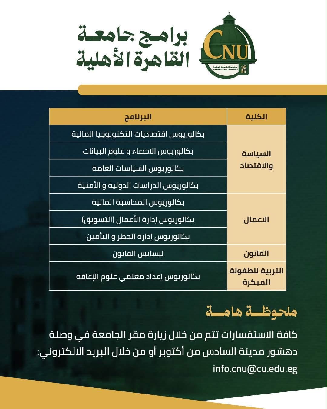 برامج الدراسة بجامعة القاهرة الأهلية
