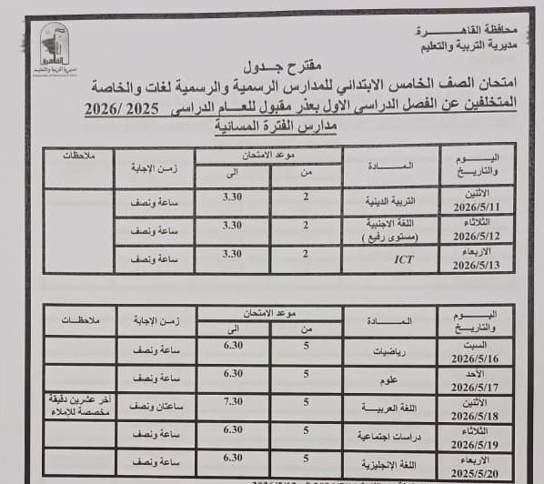 الصف الخامس الابتدائى مسائى