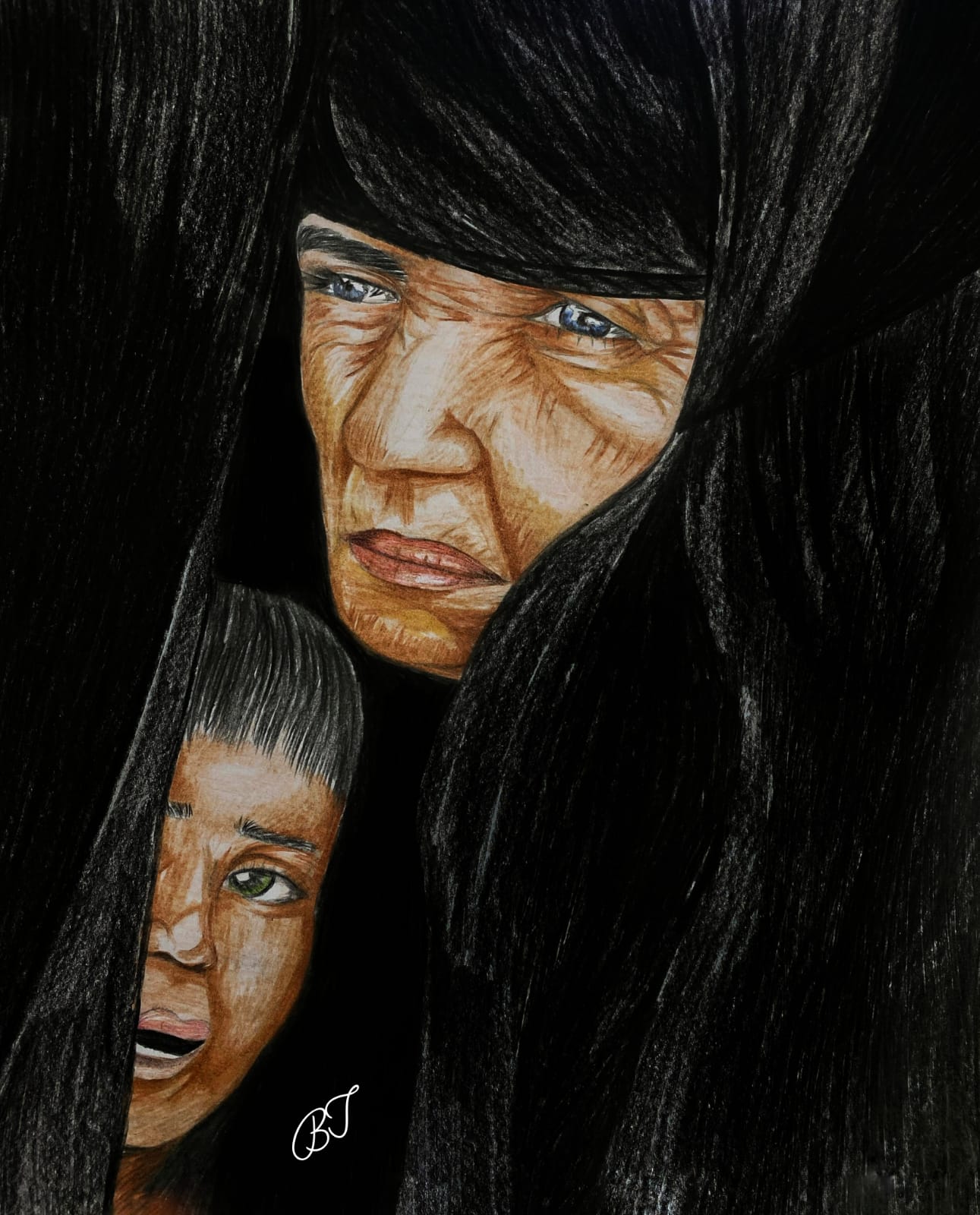 رسمه لمسنة وحفيدها تطهر عليهما أثار الزمن