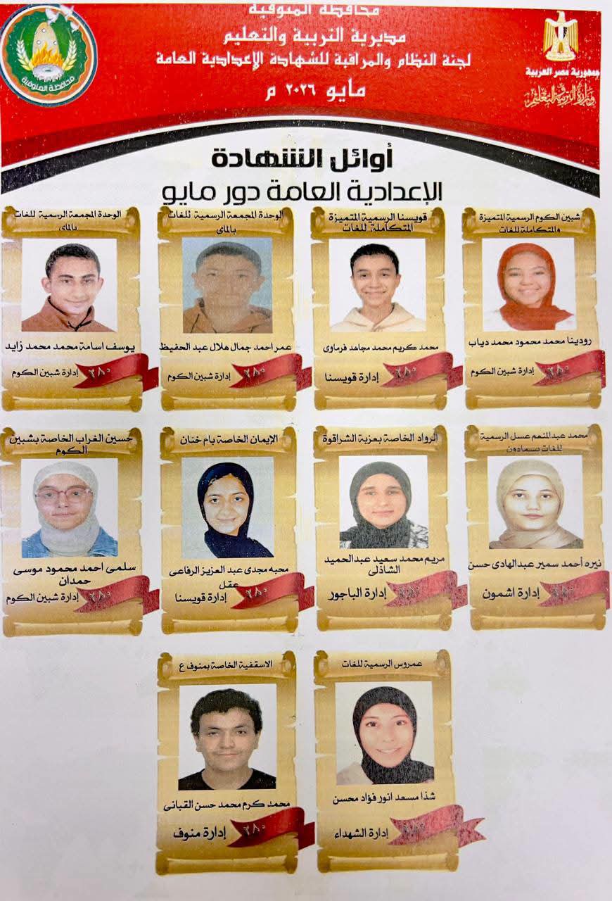 أوائل الشهادة الإعدادية فى المنوفية أوائل الشهادة الإعدادية فى المنوفية