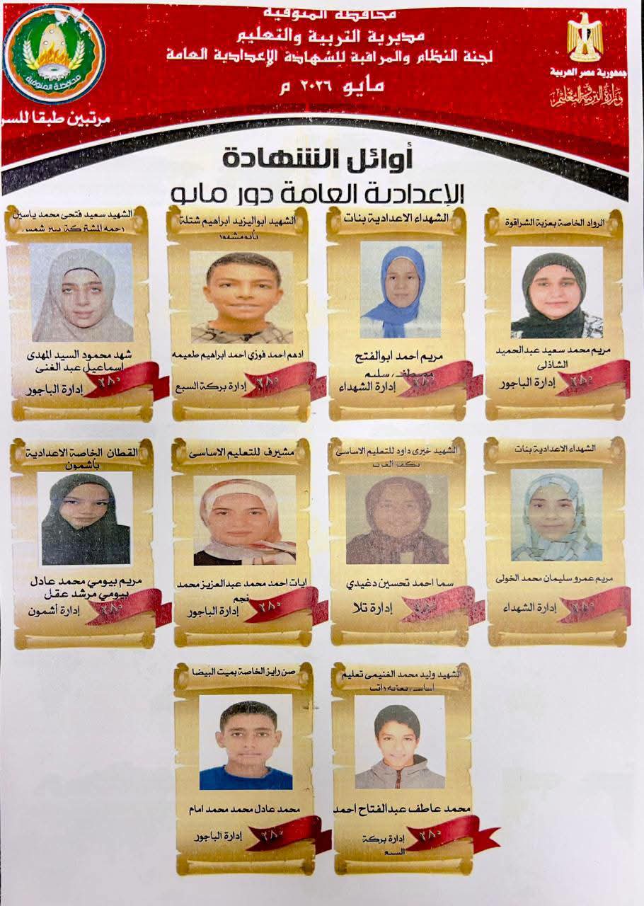 أوائل الشهادة الإعدادية فى المنوفية 2 أوائل الشهادة الإعدادية فى المنوفية 2