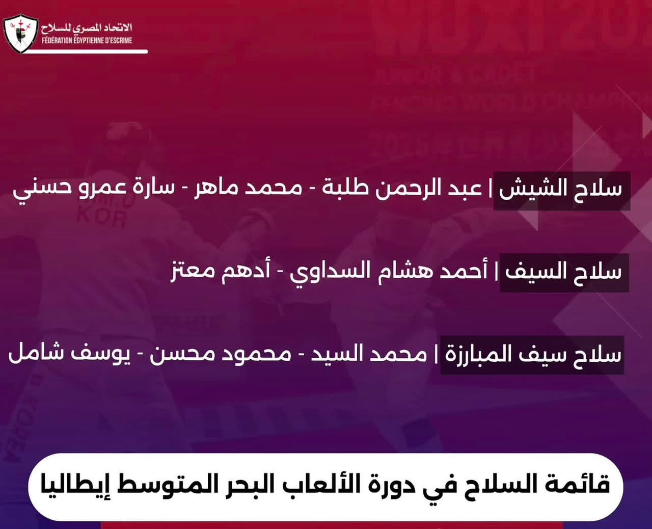 قائمة منتخبات السلاح بدورة ألعاب البحر المتوسط
