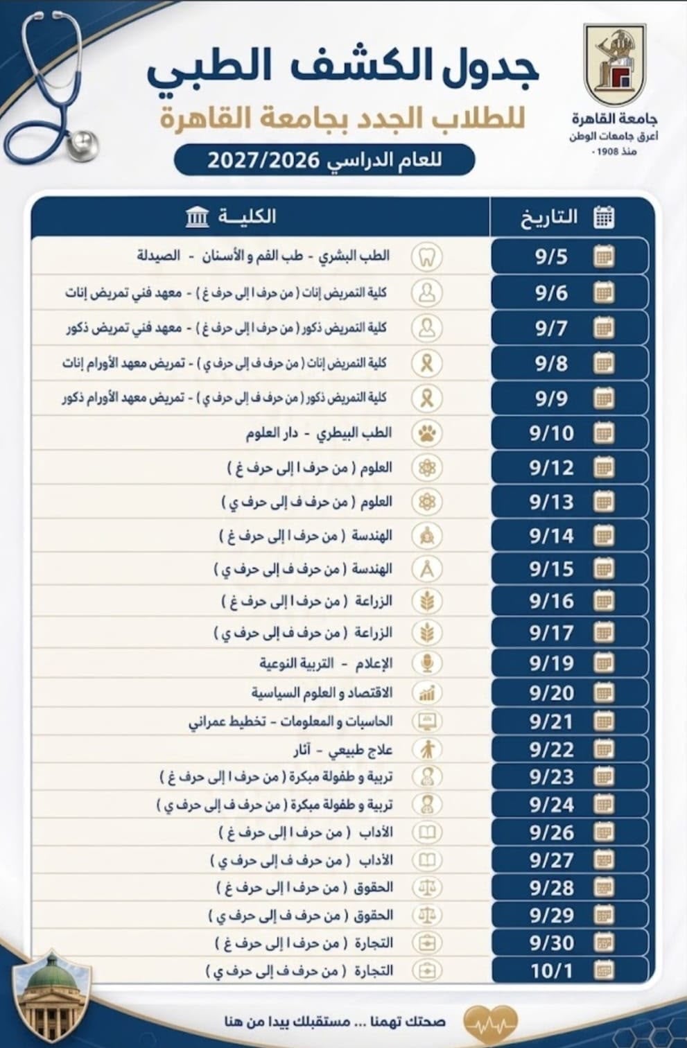 جدول الكشف الطبي للطلاب جدول الكشف الطبي للطلاب