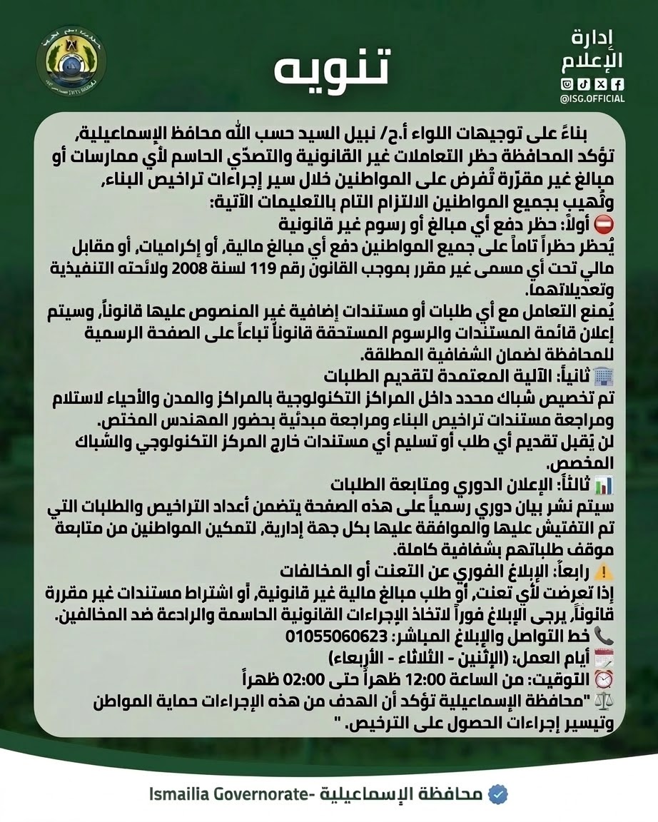 محافظ الإسماعيلية يحذر من تحصيل أي رسوم غير قانونية خلال إجراءات تراخيص البناء