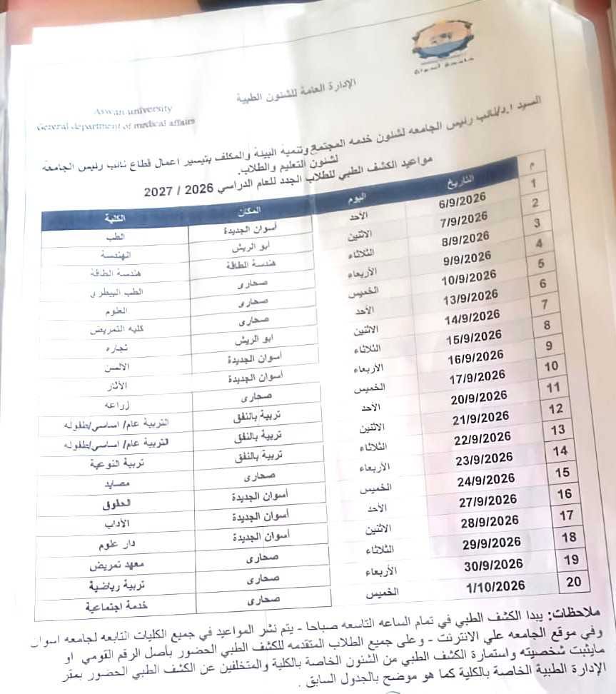 جدول الكشف الطبي