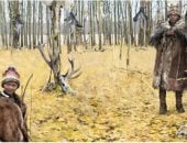 طفل يرتدى جلد غزال وتاج من ريش - رسم توضيحى