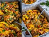 صينية الفراخ المحمرة بالبطاطس والخضار