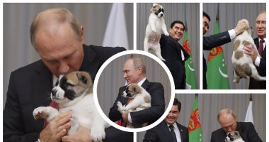 "بوتين بيحب الكلاب"..الرئيس الروسى  يُقبل كلبا من رئيس تركمانستان