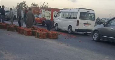 صور.. توقف حركة المرور بطريق بنها - المنصورة لانقلاب سيارة محملة بالطماطم