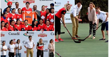 رئيس وزراء كندا وأسرته يلعبون الهوكى مع فريق للسيدات بالهند