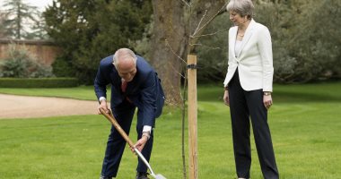 صور.. رئيس وزراء أستراليا يزرع شجر البلوط فى حديقة مقر الحكومة البريطانية