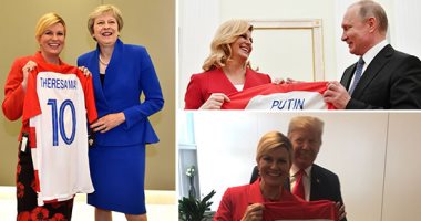 بعد خطفها الأنظار.. رئيسة كرواتيا تغازل بوتين وترامب وماى بقميص منتخب بلادها
