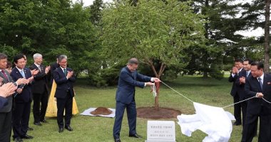صور.. رئيس كوريا الجنوبية يحضر إزاحة الستار عن شجرة "السلام" ببيونج يانج
