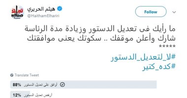 هيثم الحريرى يطرح استفتاء على تعديل الدستور.. و88% من متابعيه يوافقون