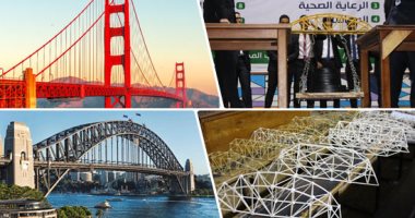 فيديو وصور.. بكيس مكرونة إسباجتى طلاب بهندسة عين شمس يصممون نموذجا مصغرا لكوبرى Truss Bridge.. وزنه لا يتعدى 350 جراما ويستوعب أحمال تصل لـ64 كليو جرام.. وفكرة تصميمه تماثل جسر سان فرانسيسكو